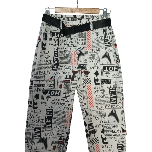 V.I.P. Joggers Canvas Pants Bold Graphic Print Belt Pockets Elastic Waist - Picture 7 of 14